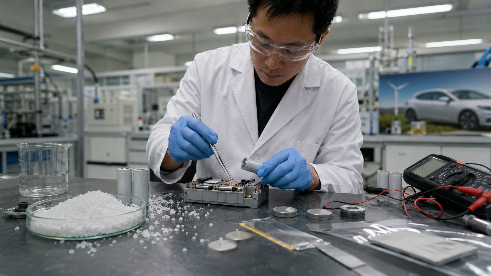 Cientista em laboratório monta bateria de sódio com componentes reais, cristais de sal de cozinha e células experimentais para aplicação em carros elétricos e armazenamento de energia.