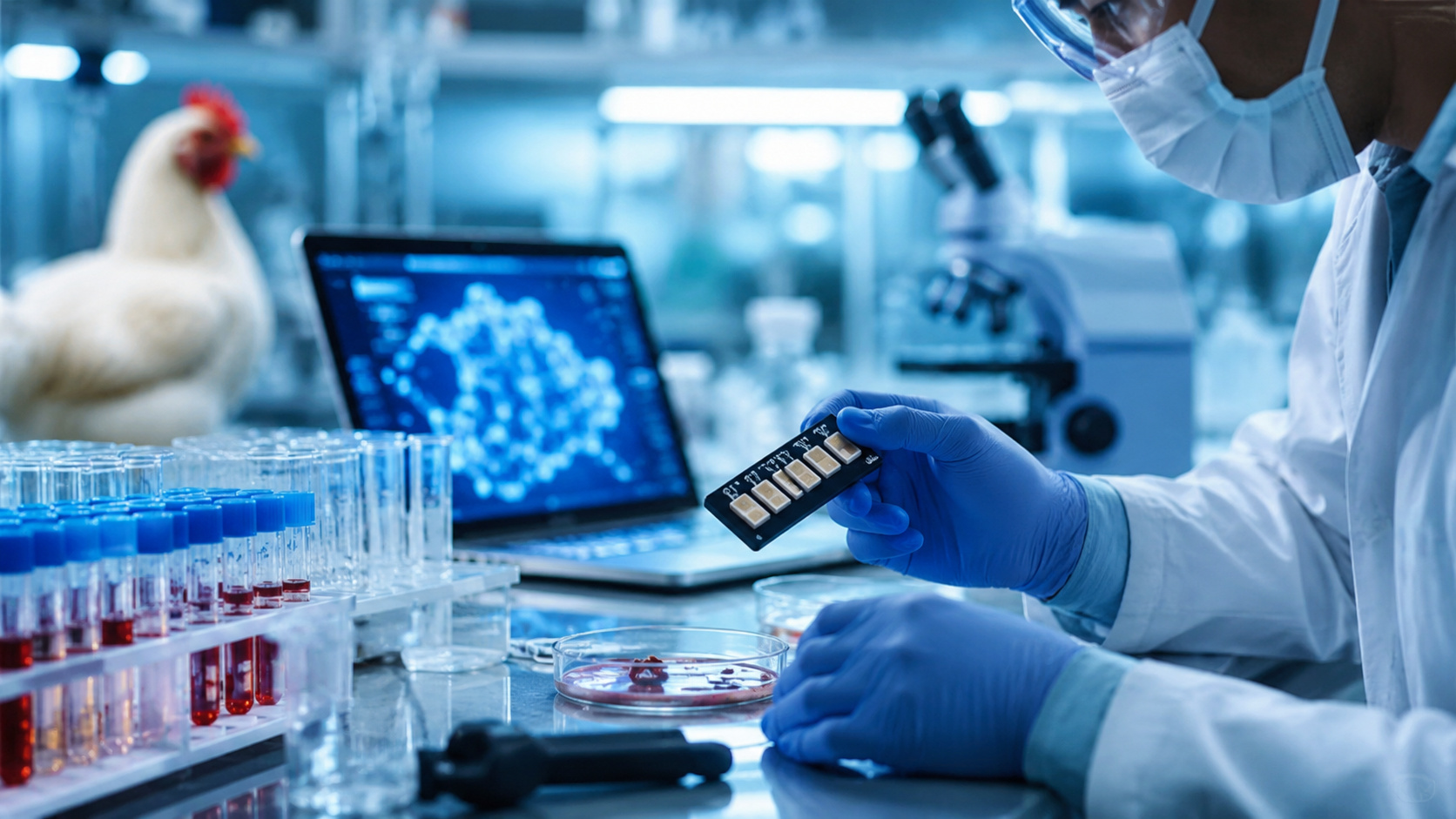 Pesquisador manipula um biossensor em laboratório enquanto computador analisa dados para diagnóstico rápido da gripe aviária utilizando inteligência artificial.