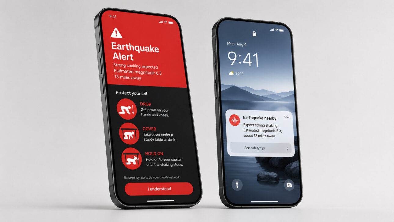 Dois celulares Android mostram alerta de terremoto próximo, estimativa de magnitude e instruções para se abaixar, buscar cobertura e permanecer protegido.
