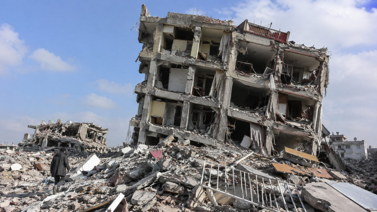 Edifício de vários andares parcialmente destruído, com cômodos expostos e grande quantidade de escombros após terremoto na Venezuela.