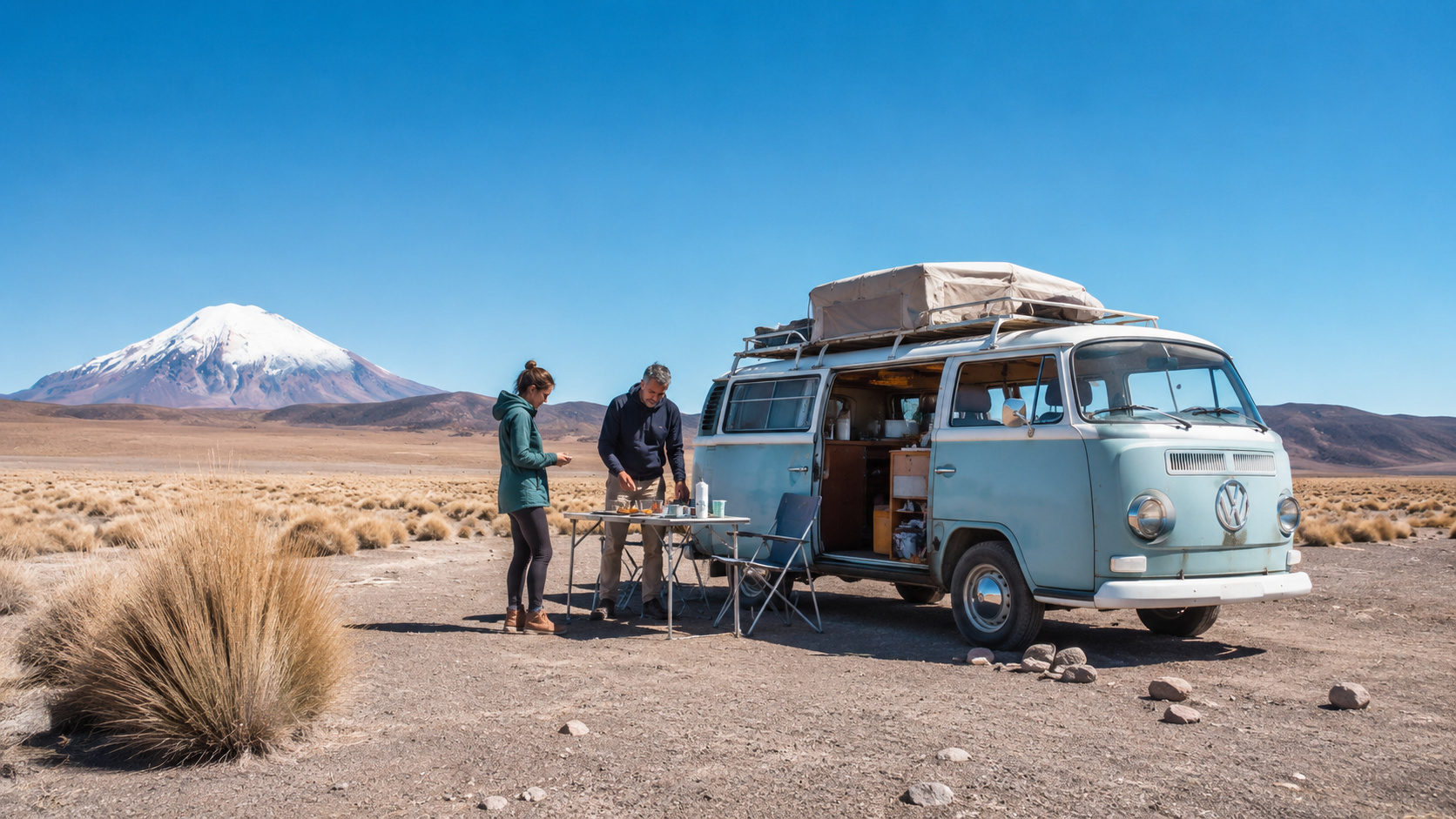 Casal argentino ao lado de uma Kombi transformada em casa sobre rodas durante viagem pelas Américas em paisagem montanhosa e árida
