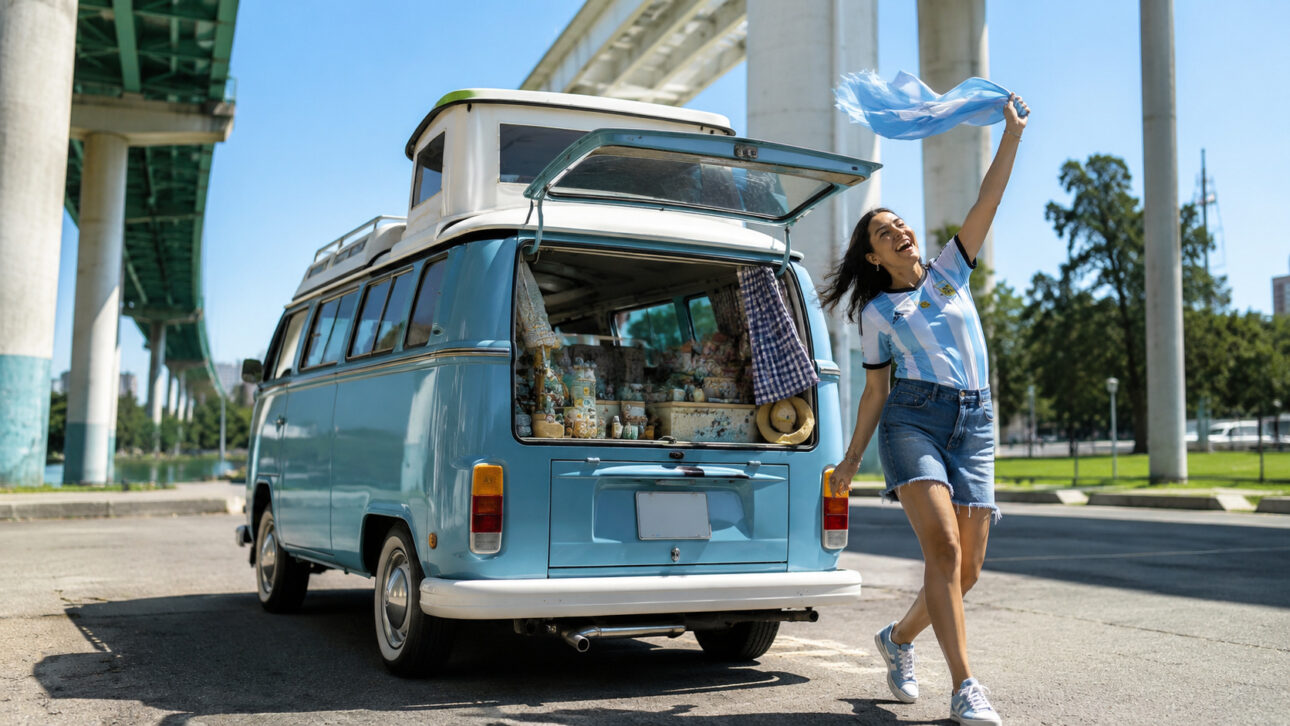 Mulher com camisa da Argentina celebra ao lado de uma Kombi azul com porta traseira aberta em cenário urbano ensolarado.