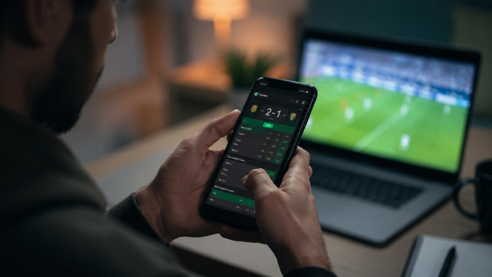 Homem acompanha jogo de futebol no notebook enquanto usa aplicativo de apostas no celular, ilustrando o debate sobre propagandas de bets na Copa do Mundo de 2026.