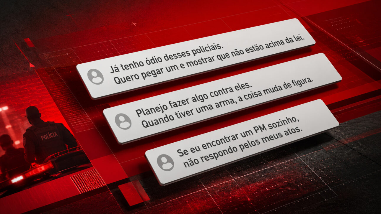 Panel rojo muestra mensajes con amenazas contra policías, al lado de la imagen de un agente y de una patrulla.
