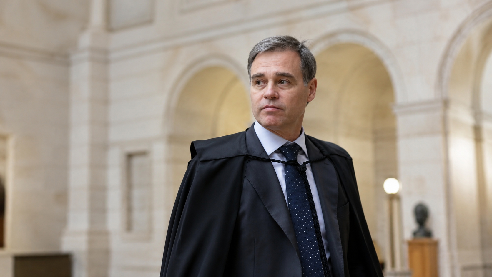 Ministro do STF em traje formal durante decisão sobre suspensão temporária das multas da NR-1 ligadas à saúde mental no trabalho.
