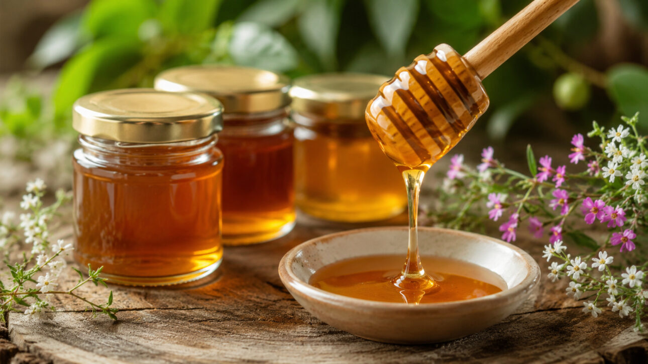 Diferentes variedades de mel apresentam cores, texturas e sabores próprios, influenciados pela espécie de abelha e pela origem do néctar.