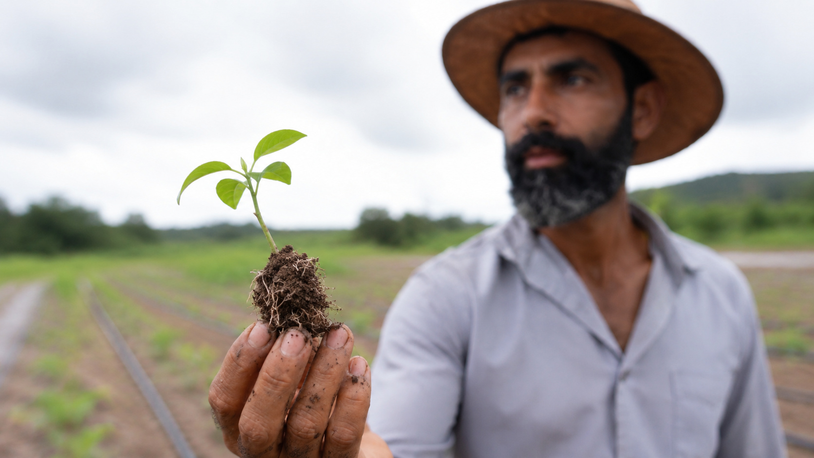 Agricultor segura uma muda com raízes expostas em plantação irrigada de Flores de Goiás, simbolizando a transformação da agricultura familiar no Vão do Paranã.