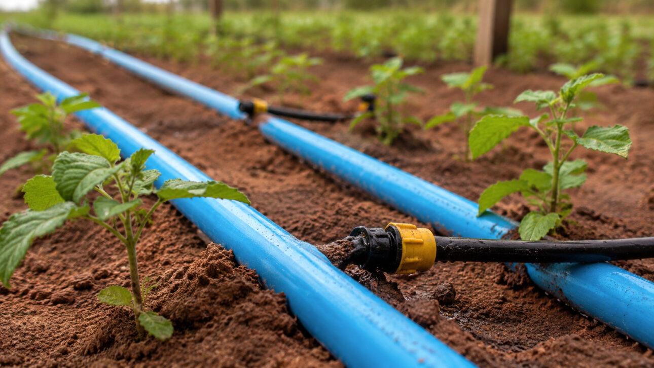 Tubos de irrigação instalados entre mudas em uma plantação de Flores de Goiás.