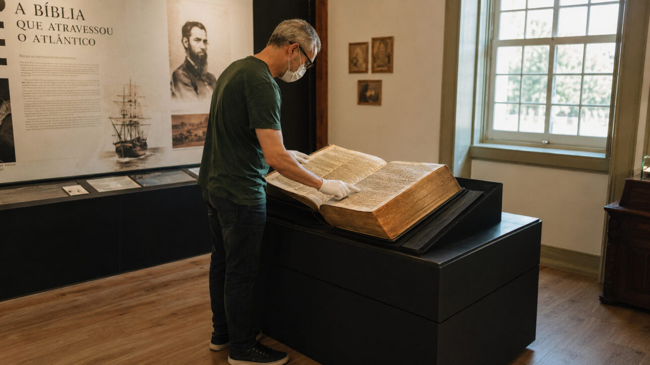 Researcher with gloves analyzes an old Lutheran Bible open on an exhibition stand in a museum.