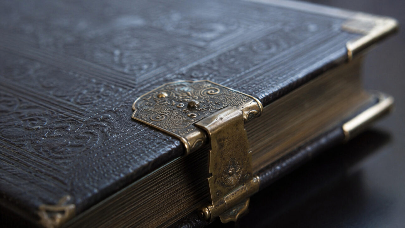 Close of the cover of an old Bible with ornate metal clasp and embossed finish on dark leather.