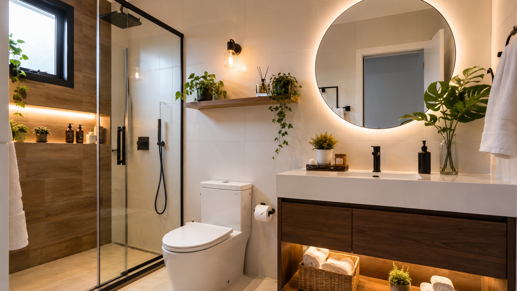 Banheiro moderno reformado sem quebra-quebra, com paredes claras, box de vidro, espelho redondo com iluminação em LED, gabinete de madeira, acessórios minimalistas e decoração com plantas.