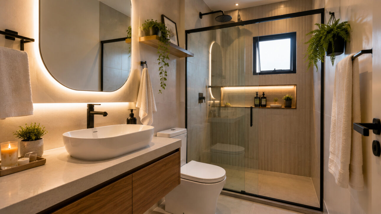 Baño moderno reformado sin obra, con encimera de madera, lavabo de apoyo, espejo iluminado por LED, mampara de vidrio, nicho empotrado, iluminación indirecta y decoración con plantas.