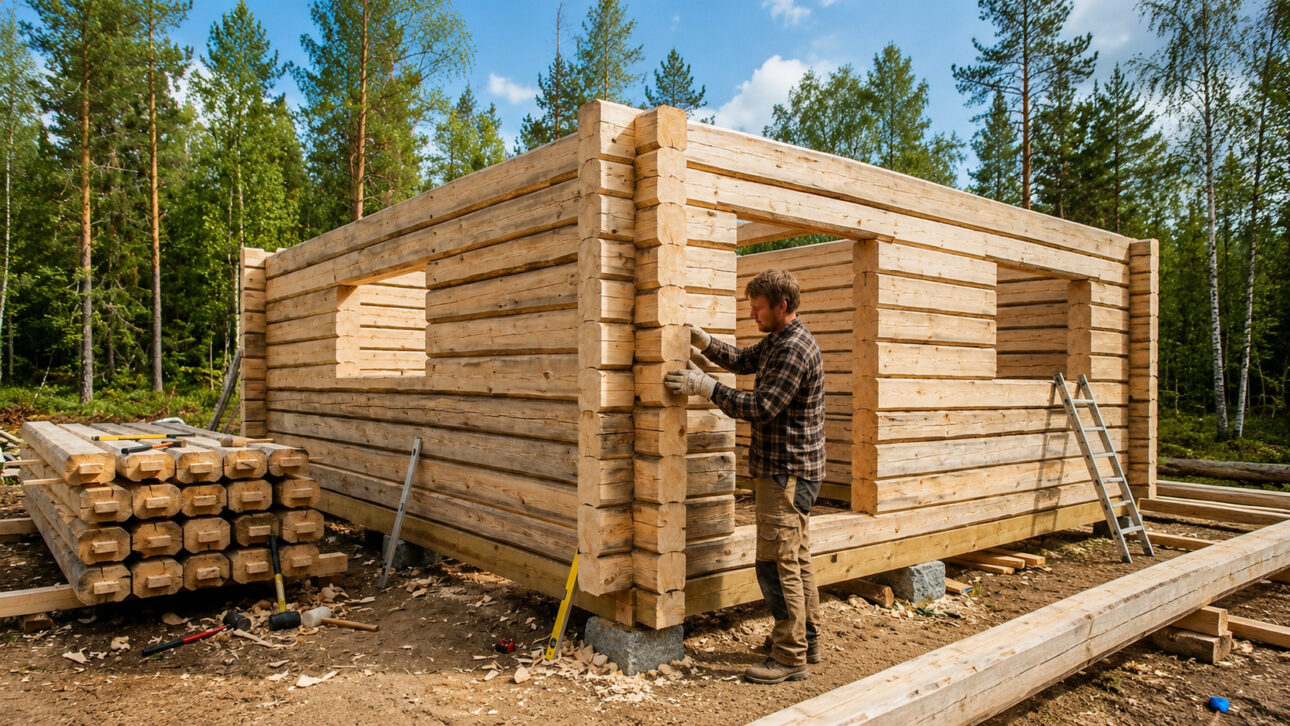 Cabaña de madera desmontable en fase de construcción con troncos reutilizados encajados, trabajador ajustando la estructura y materiales de carpintería al lado, en un área rodeada de árboles.