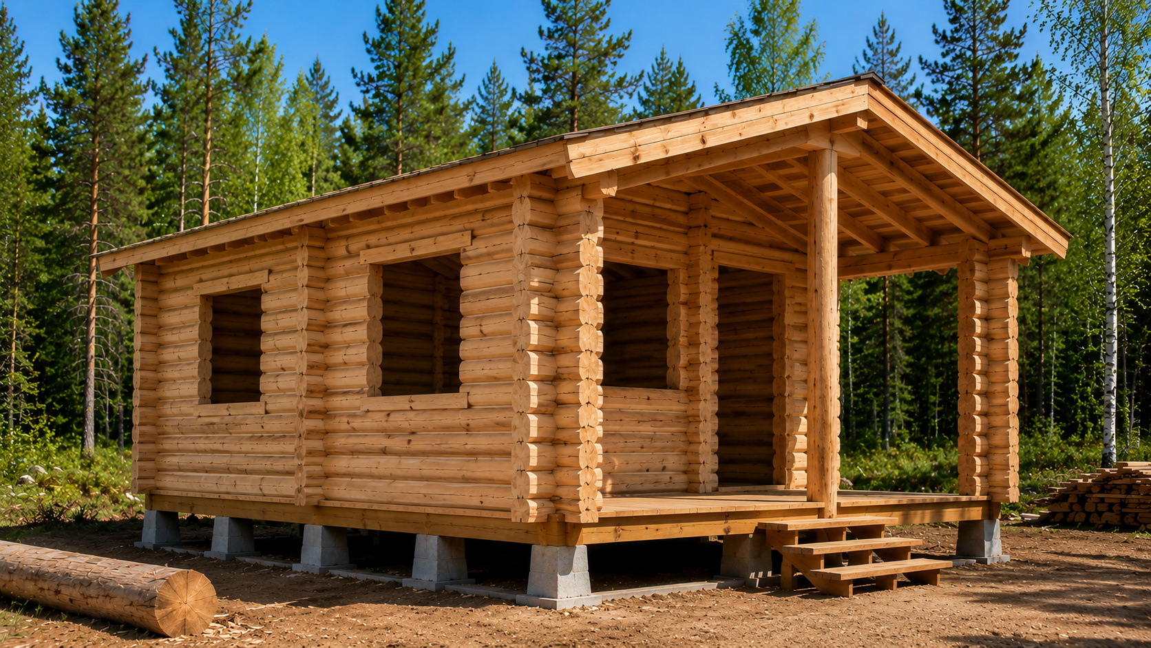 Cabana de madeira desmontável finalizada, construída com toras reutilizadas sobre base elevada, sem portas e janelas instaladas, em uma área cercada por árvores, representando um projeto de construção modular.