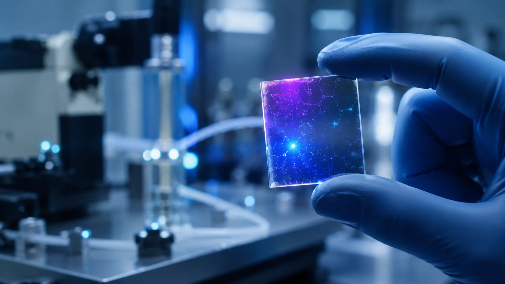 Pesquisador segura um material semicondutor em laboratório de alta tecnologia durante testes com conversão de luz visível em luz ultravioleta para aplicações em fotônica avançada.