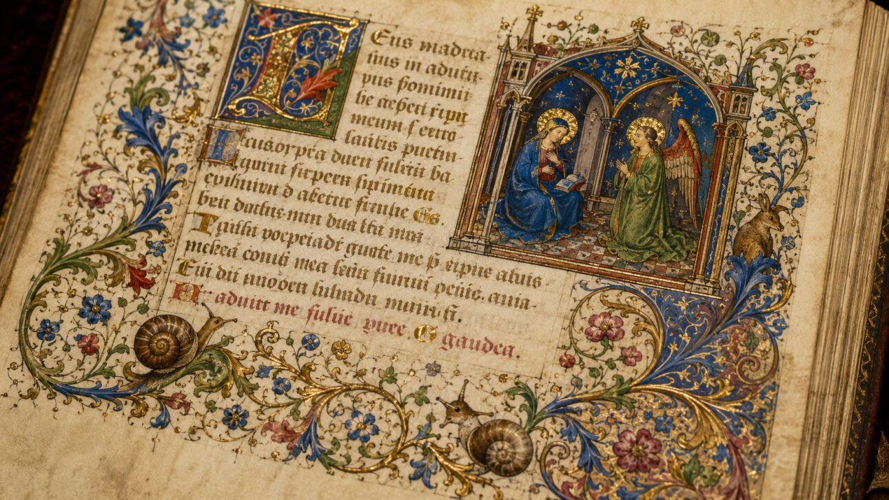 Página de manuscrito medieval con iluminación religiosa, bordes florales en azul y dorado y dos caracoles dibujados en las marginalias.