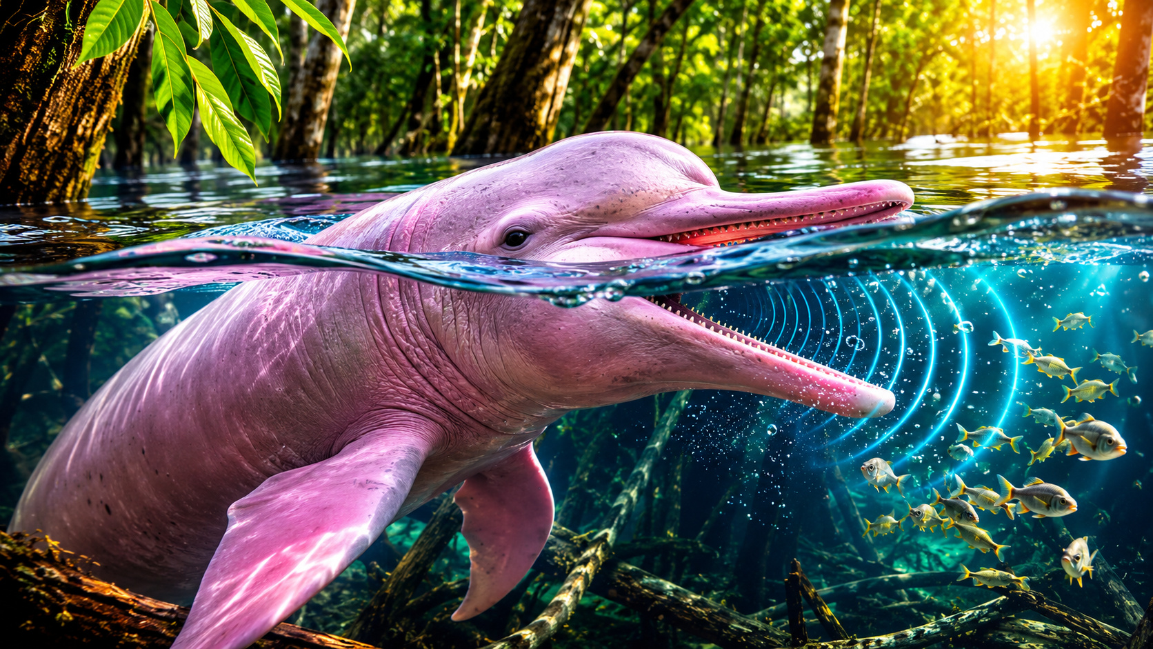 Boto-cor-de-rosa nada em uma floresta alagada da Amazônia durante o período de cheias, ambiente onde utiliza a ecolocalização e a flexibilidade do pescoço para localizar peixes.