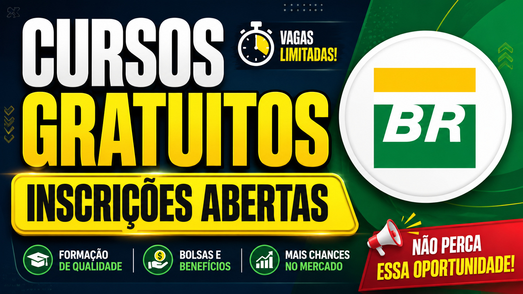 Arte gráfica destacando a abertura de inscrições para cursos técnicos gratuitos da Petrobras e do Senai em São José dos Campos, com chamadas para vagas gratuitas, bolsas e formação profissional.