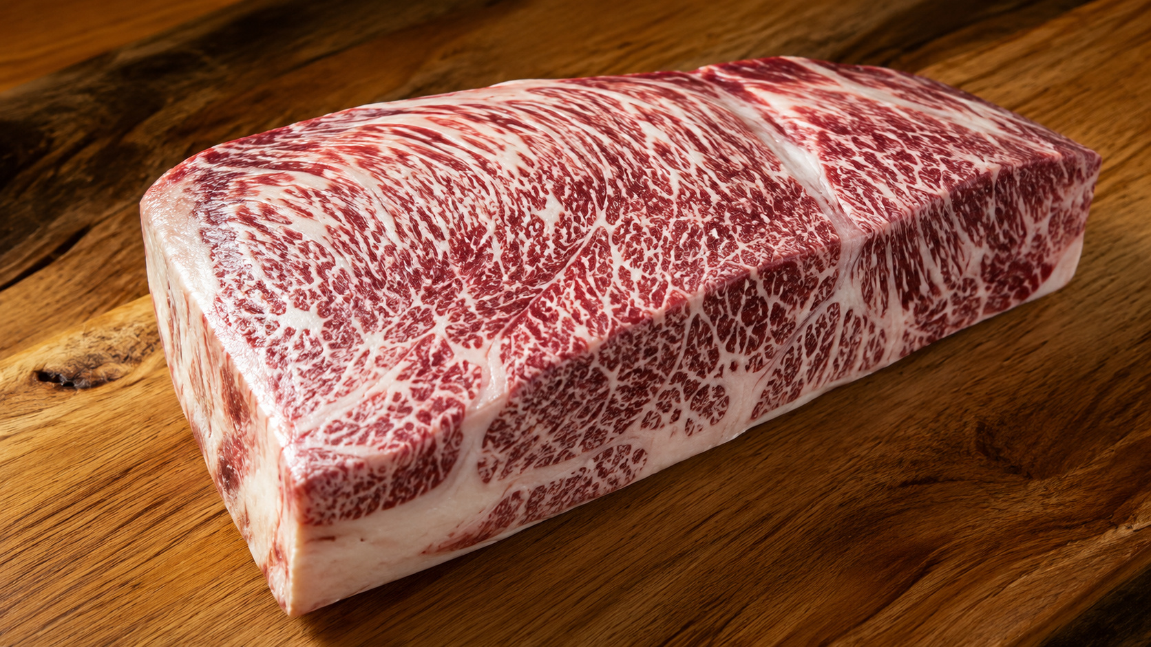 Peça de carne wagyu crua com marmoreio intenso sobre superfície de madeira, destacando a gordura intramuscular que explica o alto valor da carne japonesa.