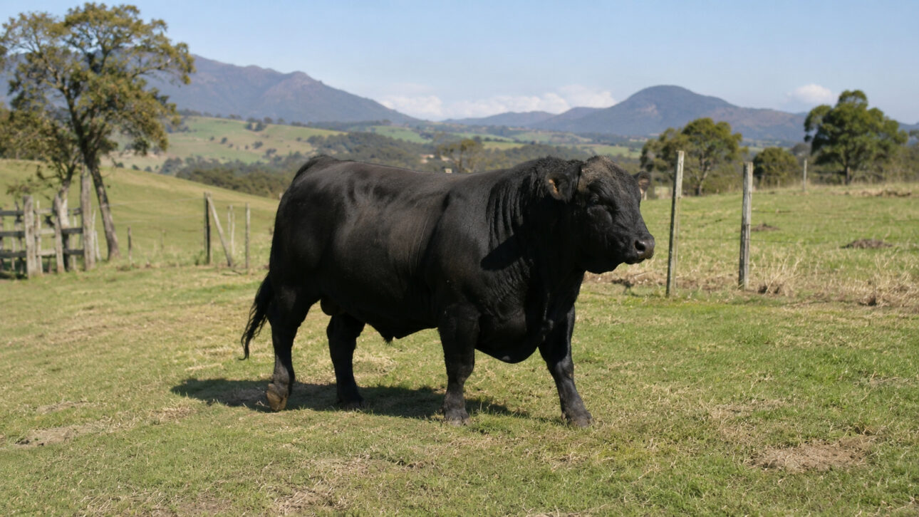 Bovino wagyu em uma propriedade rural, ilustrando a criação da raça japonesa conhecida pela genética e pelo marmoreio intenso da carne.