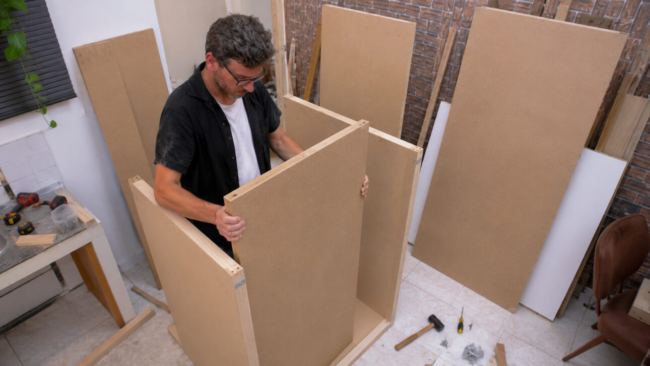 Homem monta painéis de madeira durante a fabricação de uma cabine acústica portátil em uma oficina.