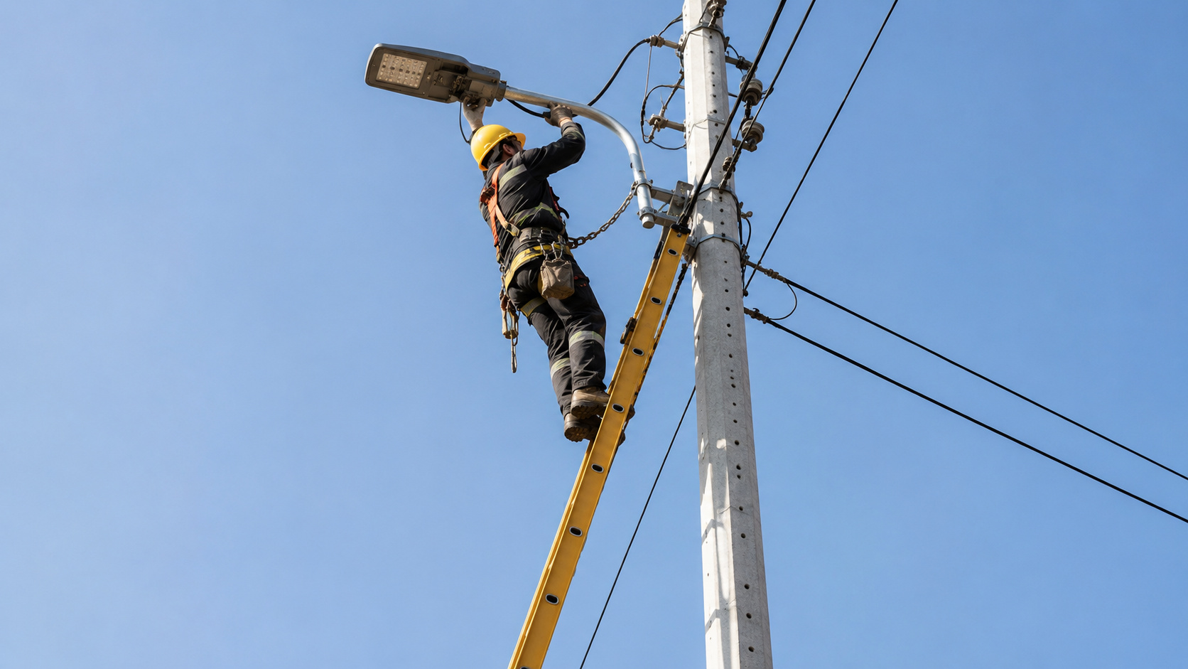 Eletricista realiza manutenção em luminária pública de LED no alto de um poste, usando escada e equipamentos de segurança, em referência às novas regras de eficiência energética no Brasil.
