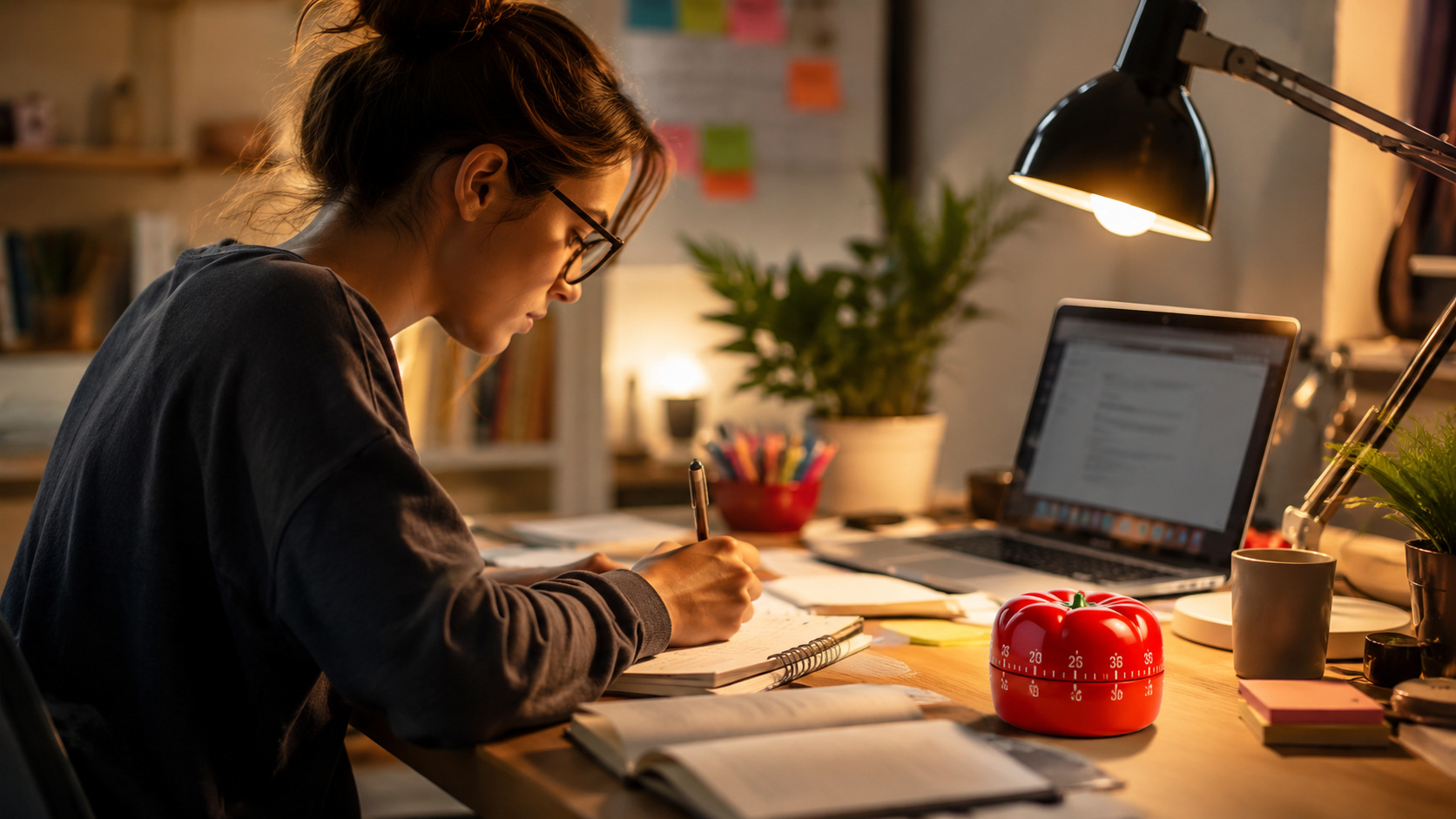 Pessoa estudando em uma mesa organizada com um cronômetro em formato de tomate, representando a aplicação do Método Pomodoro para melhorar o foco, a produtividade e a gestão do tempo.