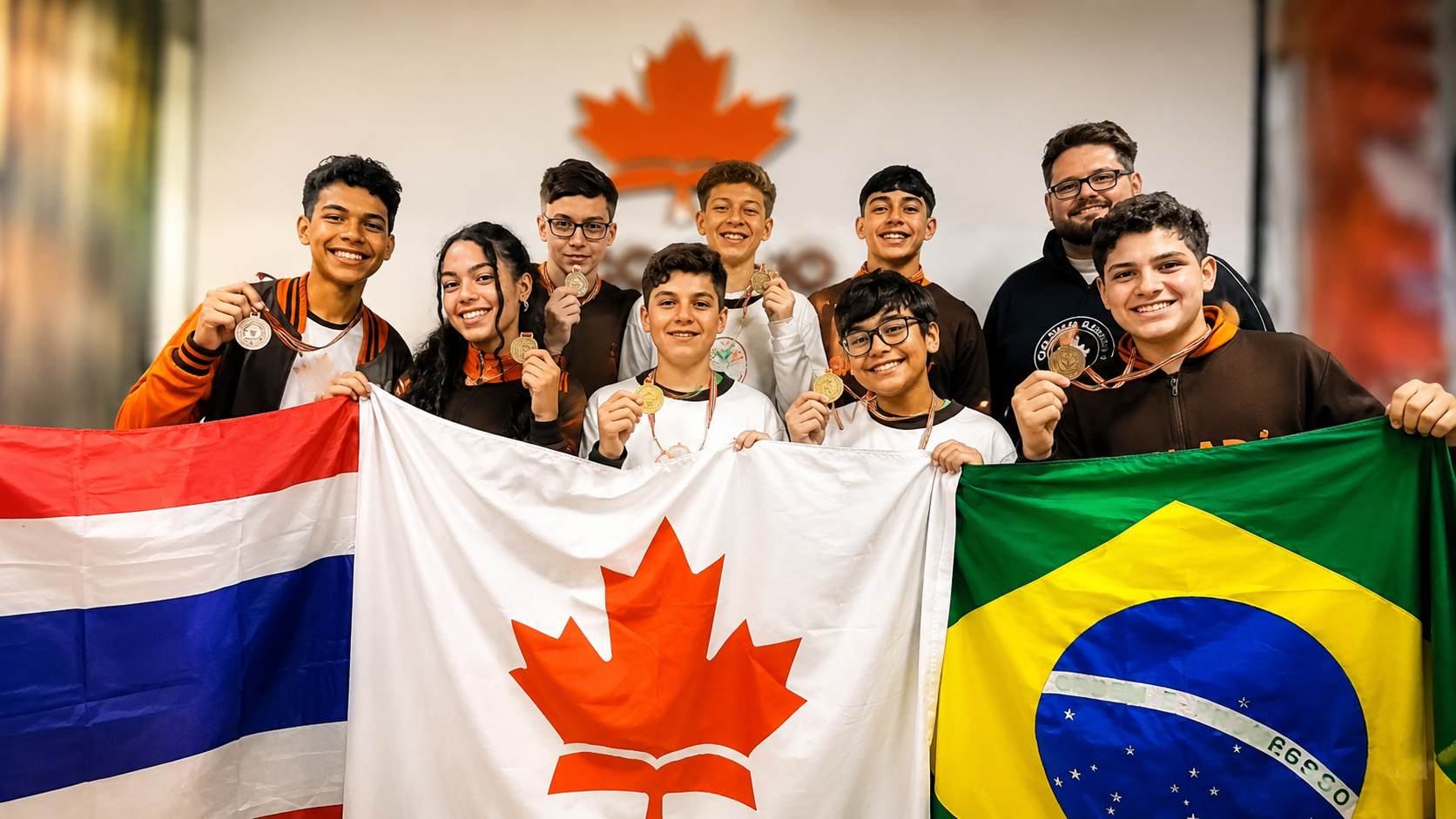 Grupo de estudantes brasileiros posa com a bandeira do Brasil após conquistar vaga para a fase internacional da SIMSO, competição de Matemática e Ciências realizada na Tailândia.