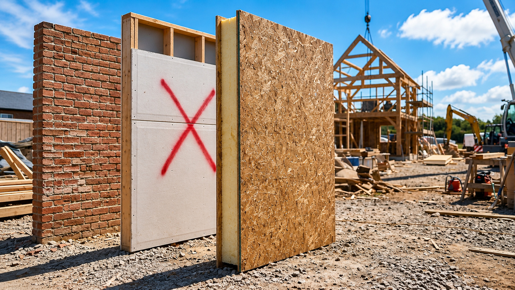 Painel SIP ao lado de paredes de alvenaria e drywall em um canteiro de obras, destacando sistema construtivo com isolamento térmico e montagem rápida.