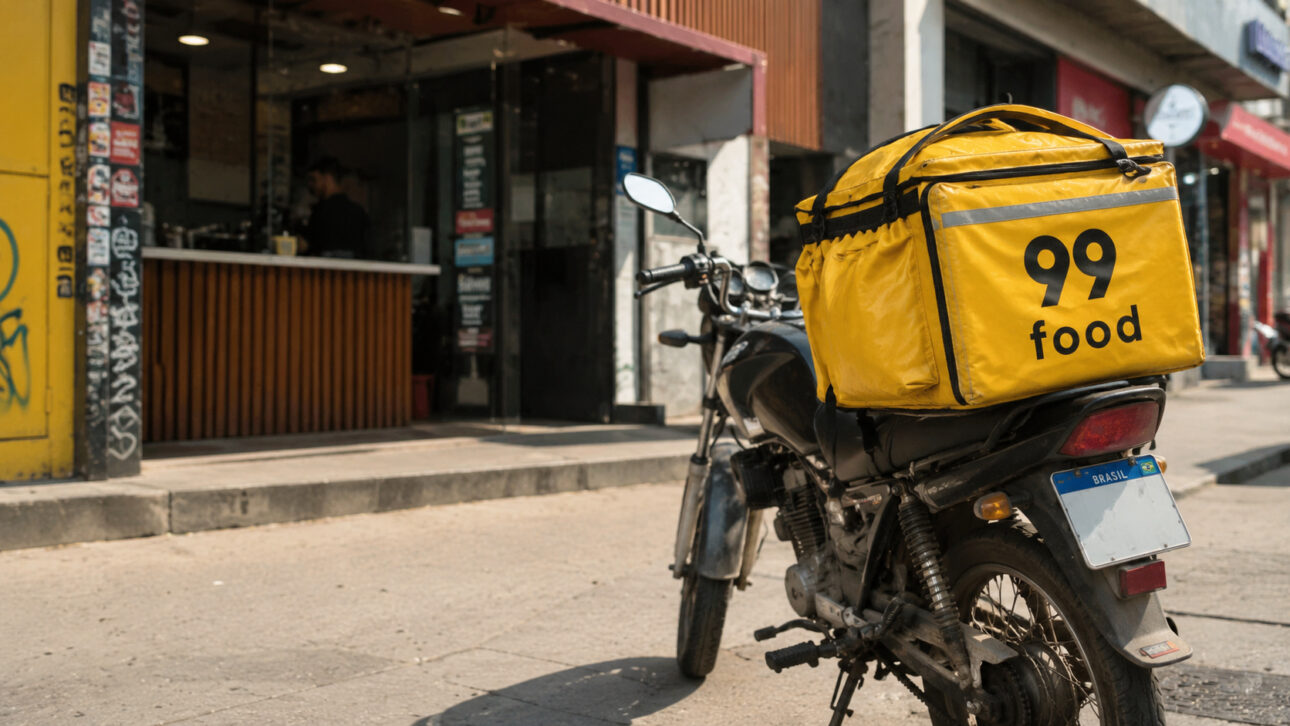 99Food delivery bag appears attached to a motorcycle during the platform's expansion in the Brazilian delivery market.