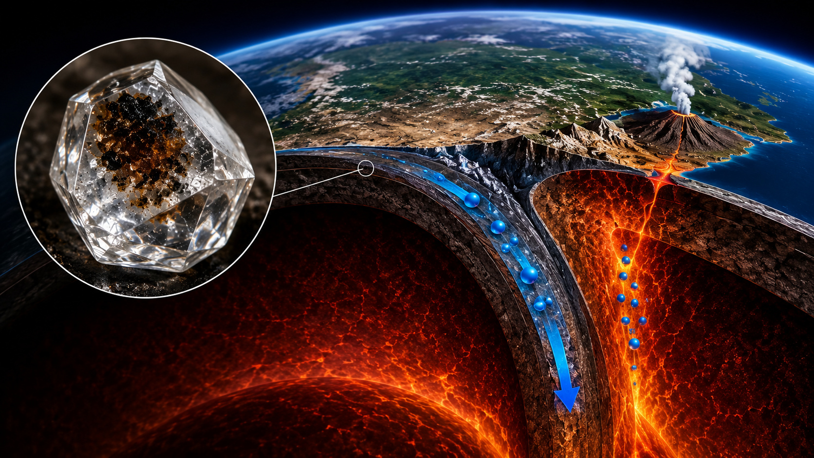 Ilustração científica mostra diamante superprofundo com inclusão mineral e água sendo transportada por uma zona de subducção até o manto terrestre.