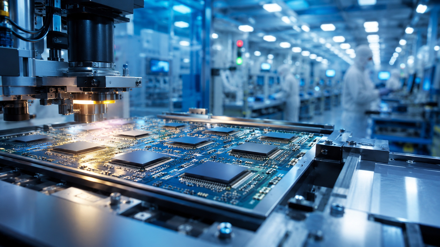 Equipamento industrial realiza processamento de semicondutores em ambiente de fabricação avançada, com chips eletrônicos posicionados sobre uma placa de circuito dentro de uma fábrica de alta tecnologia.