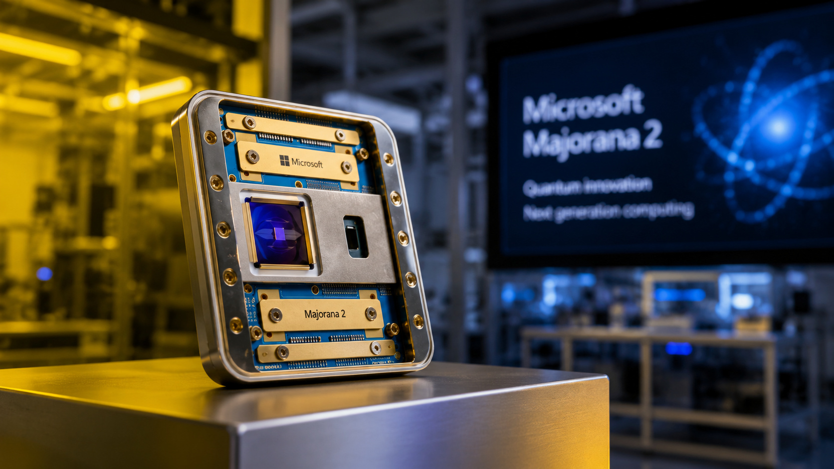 Chip quântico Majorana 2 da Microsoft exibido em ambiente laboratorial de alta tecnologia, com estrutura metálica, componentes eletrônicos avançados e cenário desfocado de pesquisa em computação quântica ao fundo.