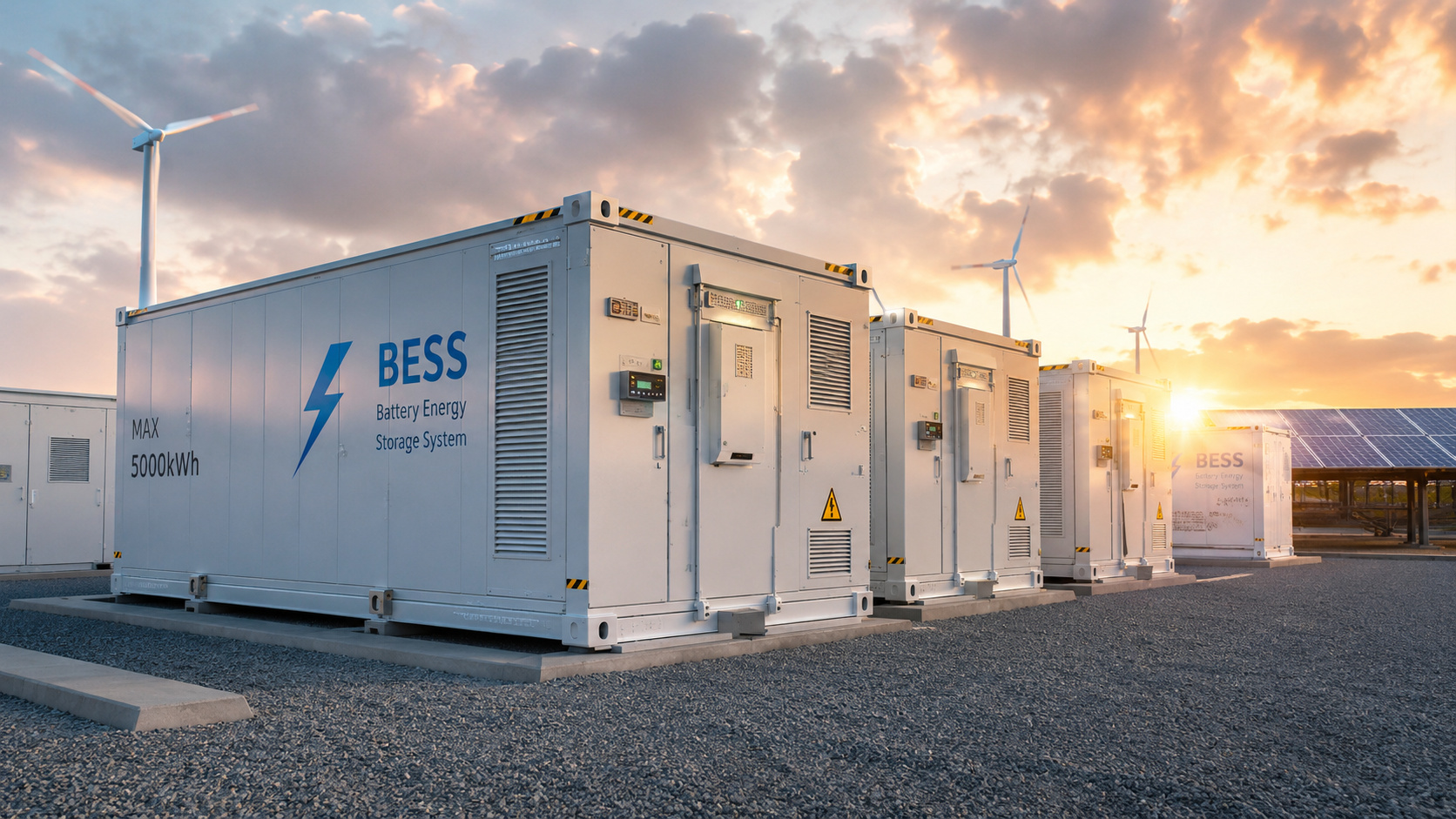 Sistema de armazenamento de energia por baterias (BESS) instalado em parque energético com painéis solares e turbinas eólicas ao fundo, representando a modernização do sistema elétrico brasileiro.