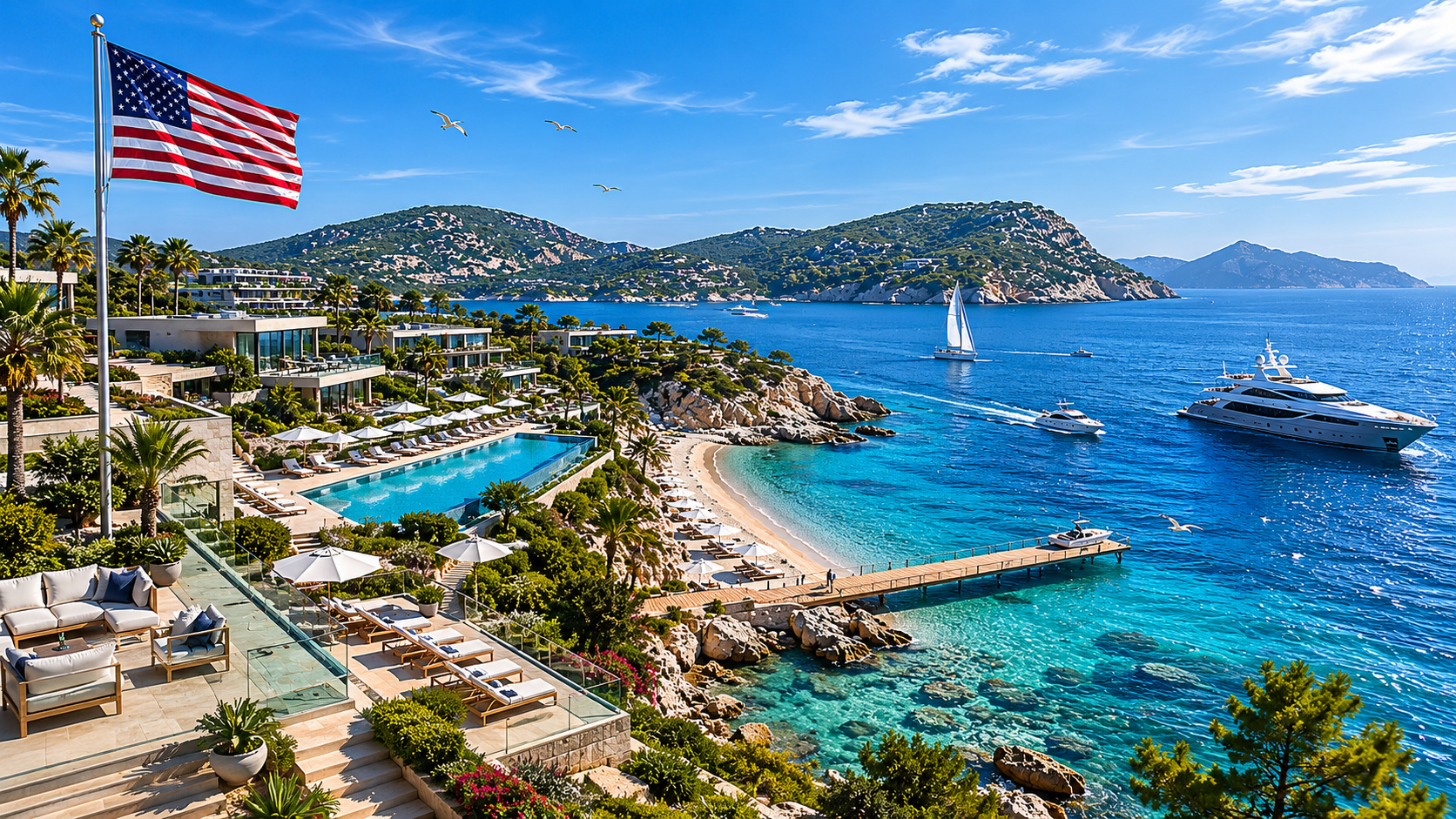 Resort de luxo inspirado no projeto Sazan em ilha privada no Mediterrâneo, com hotéis sofisticados, praia exclusiva, marina, iates e bandeira dos Estados Unidos ao fundo.