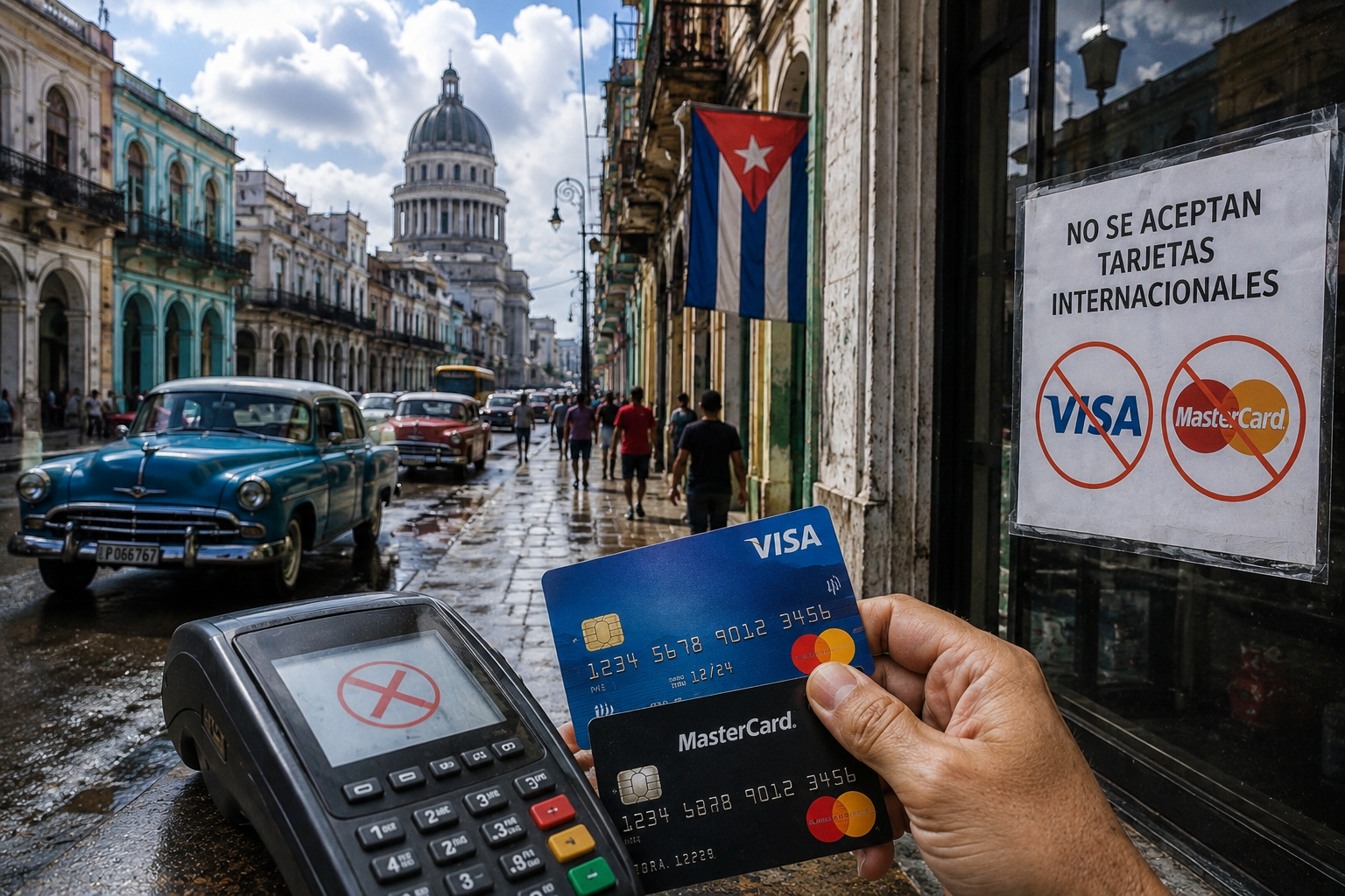 Pessoa segura cartões Visa e Mastercard diante de terminal de pagamento bloqueado em Cuba, ilustrando os impactos das sanções dos EUA sobre transações internacionais.
