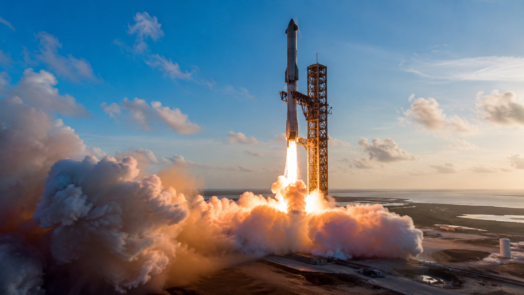Foguete da SpaceX em plataforma de lançamento durante ignição dos motores, cercado por nuvens de fumaça, representando a expansão da empresa em meio aos preparativos para seu IPO bilionário na Nasdaq.