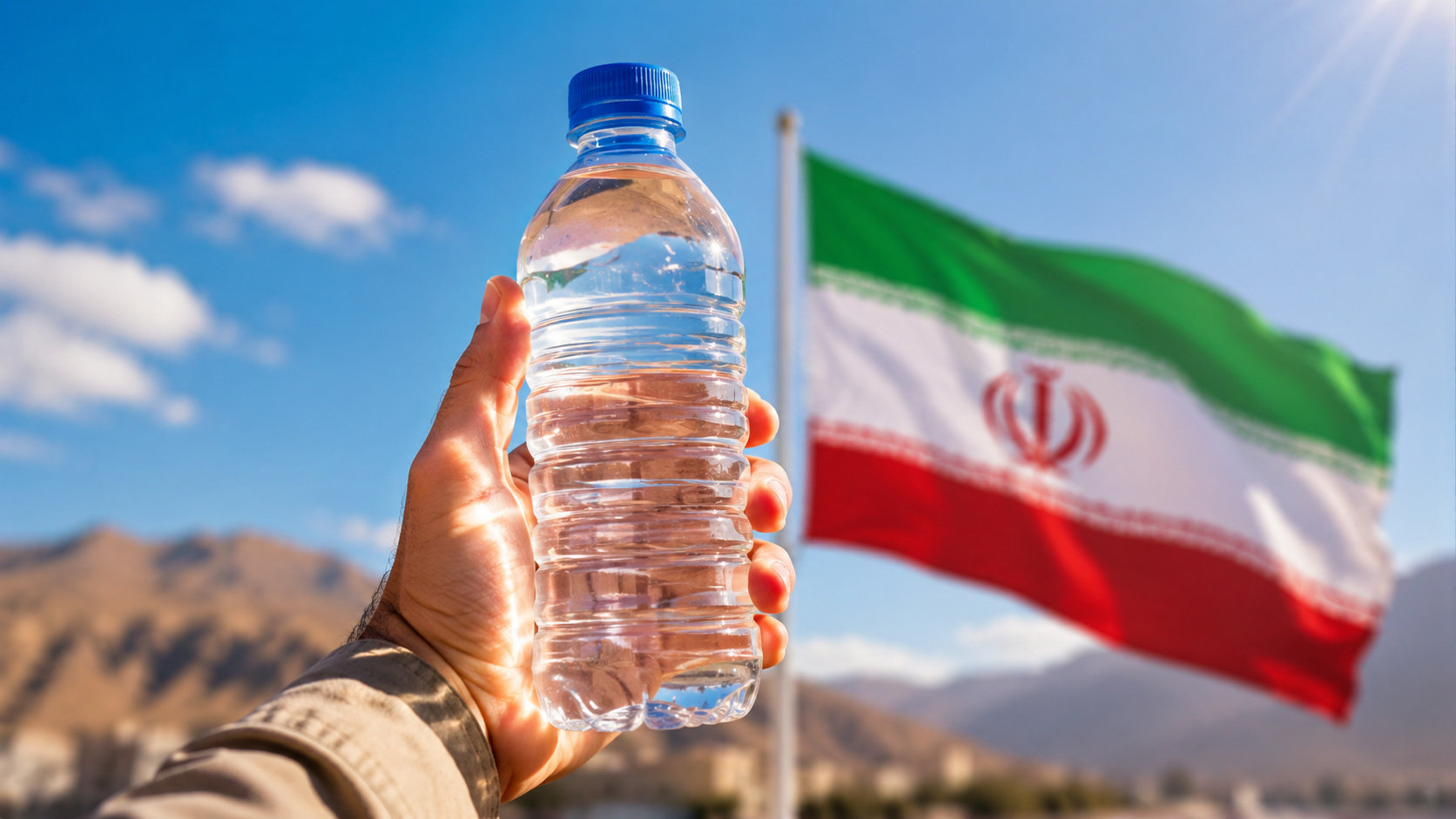 Mão segurando uma garrafa de água potável diante da bandeira do Irã, representando sistema móvel de purificação de água movido a energia solar desenvolvido por engenheiros iranianos.