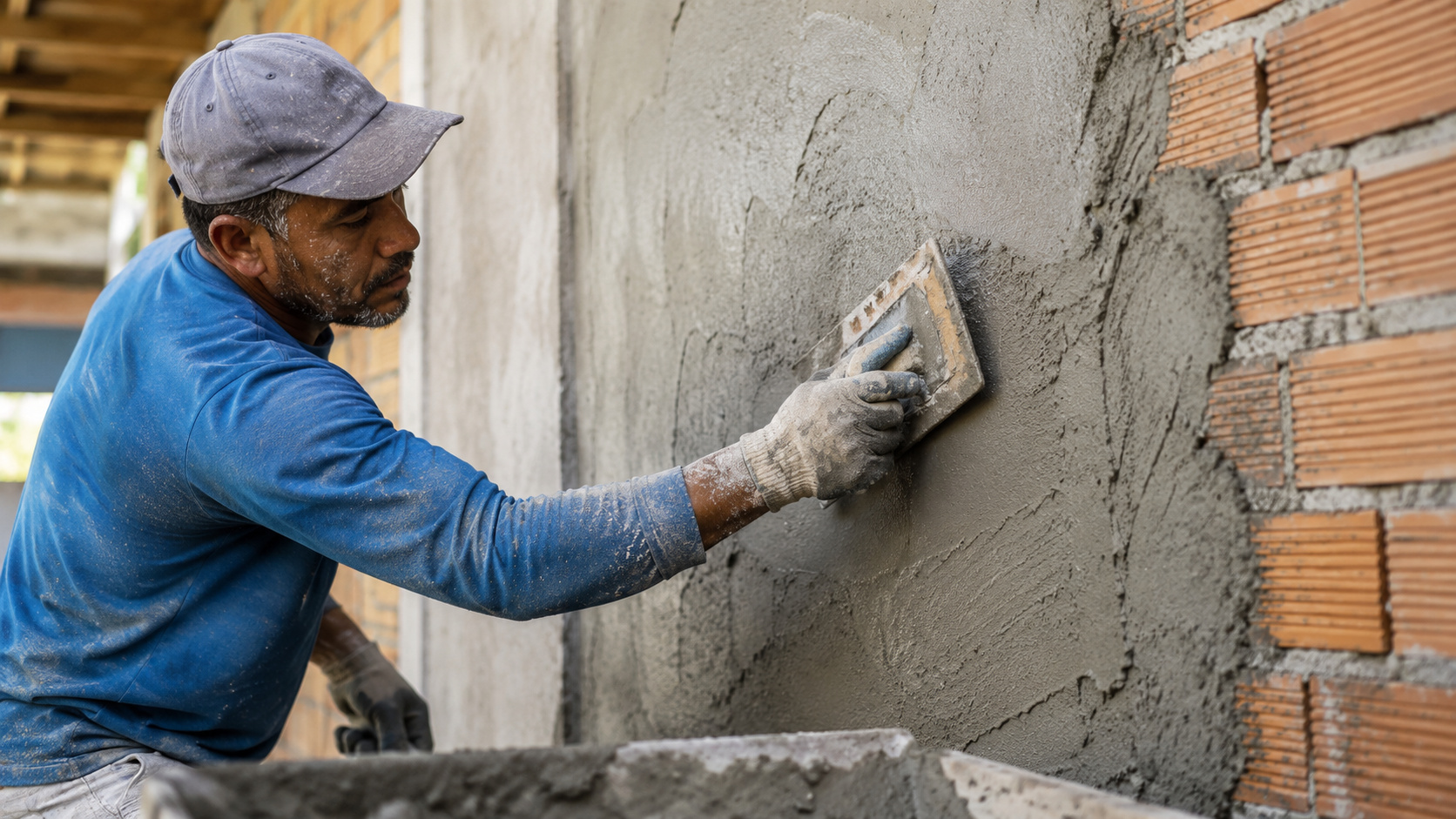 Pedreiro aplica reboco com desempenadeira em parede de alvenaria utilizando traço de cimento adequado para aumentar a resistência e a durabilidade do revestimento.