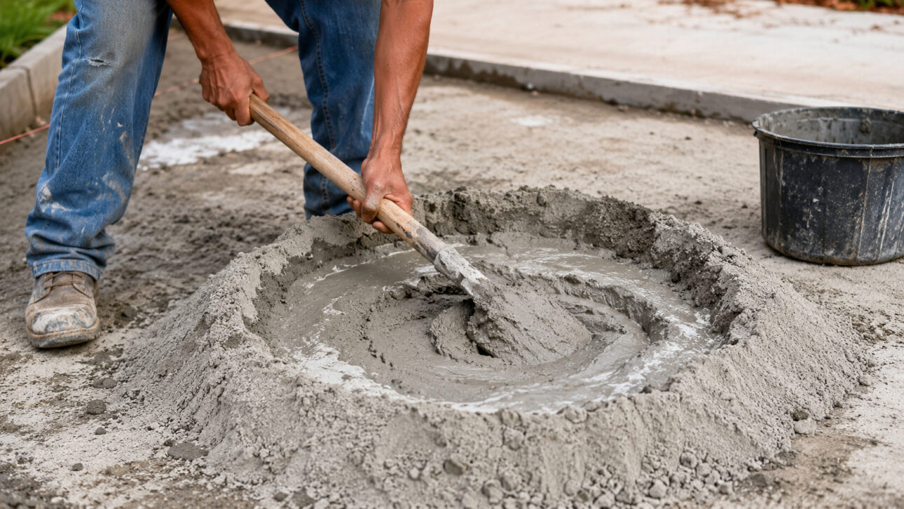 Bricklayer prepares the plaster mix by mixing cement, lime, sand, and water in the correct ratio to produce a resistant mortar.