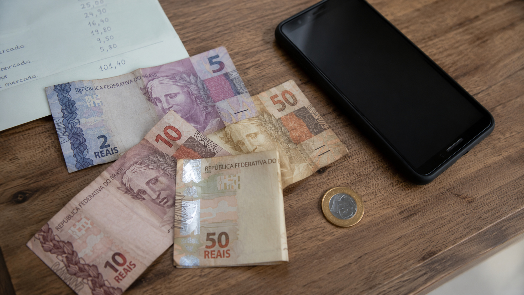Cédulas de real, moeda, celular e anotação de gastos sobre uma mesa, representando preocupações com dinheiro, dívidas e orçamento familiar.