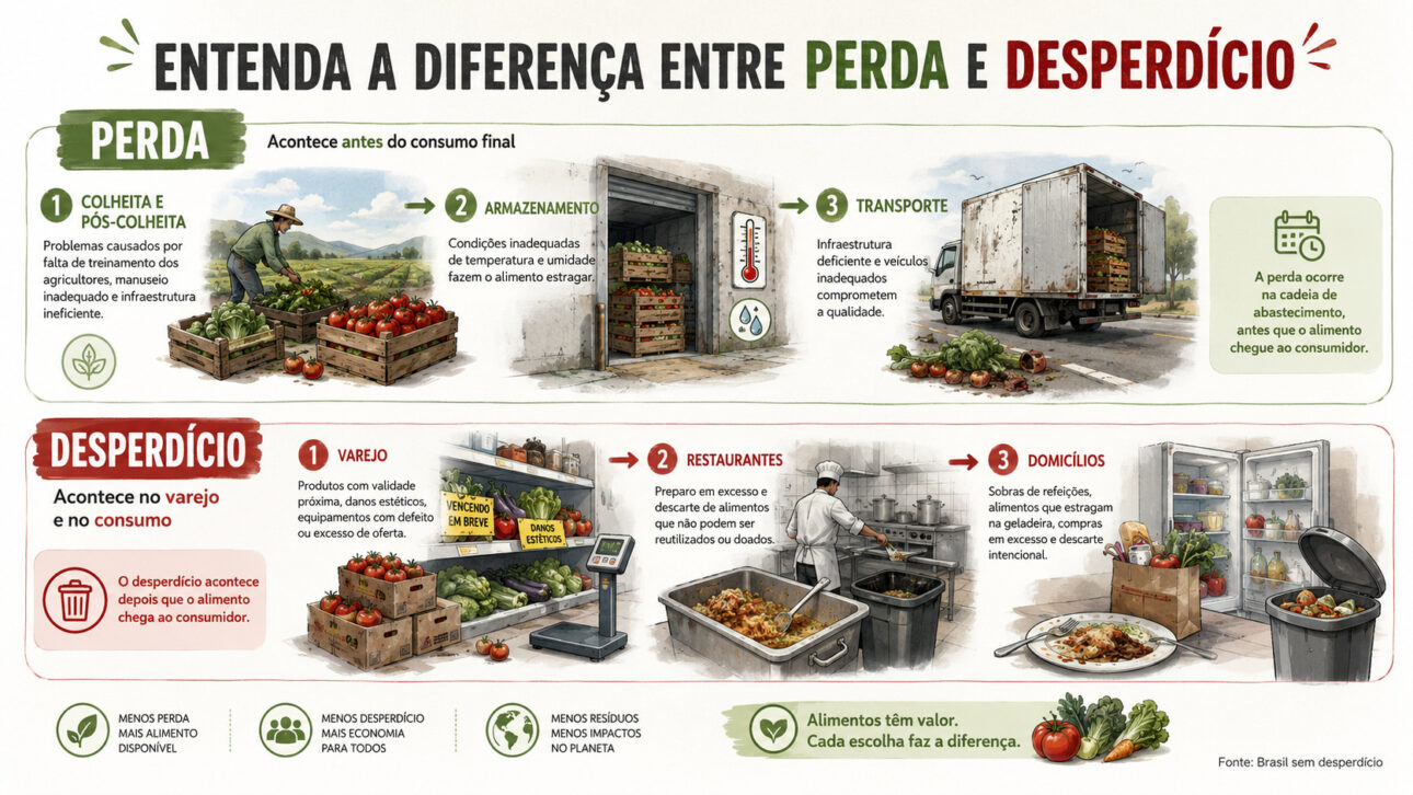 Infográfico explica como a perda de alimentos ocorre antes do consumo, na colheita, no armazenamento e no transporte, enquanto o desperdício acontece no varejo, em restaurantes e nas residências.