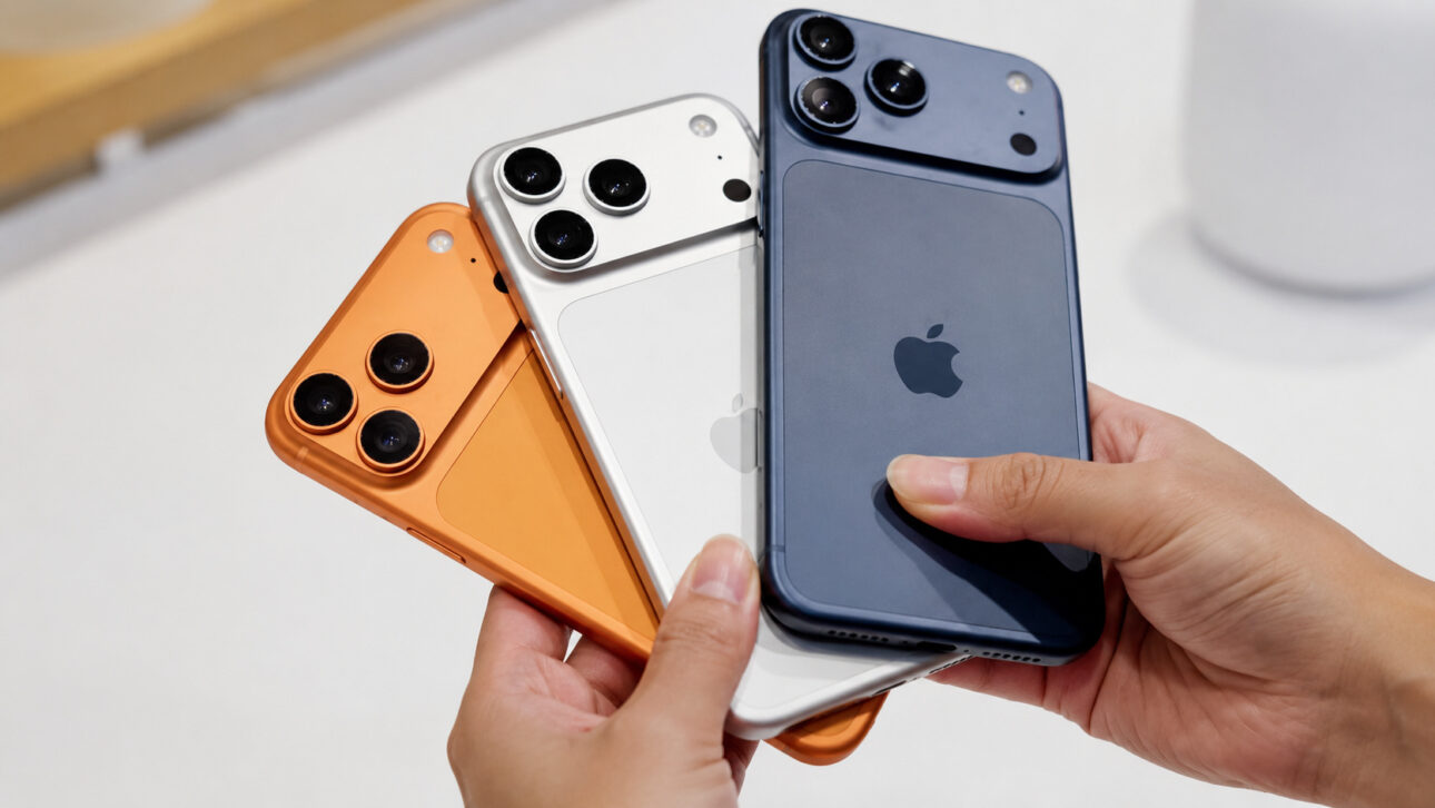 Mãos seguram três smartphones nas cores laranja, branca e azul, em imagem ilustrativa sobre o vazamento de dados do iPhone 18 Pro.