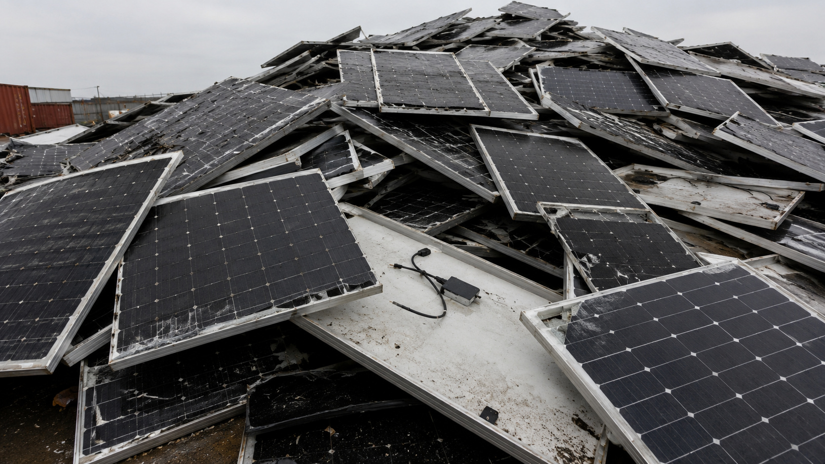 Grande pilha de painéis solares pretos danificados e quebrados em área de reciclagem industrial, representando o reaproveitamento de materiais da energia fotovoltaica e o avanço da economia circular no Brasil.