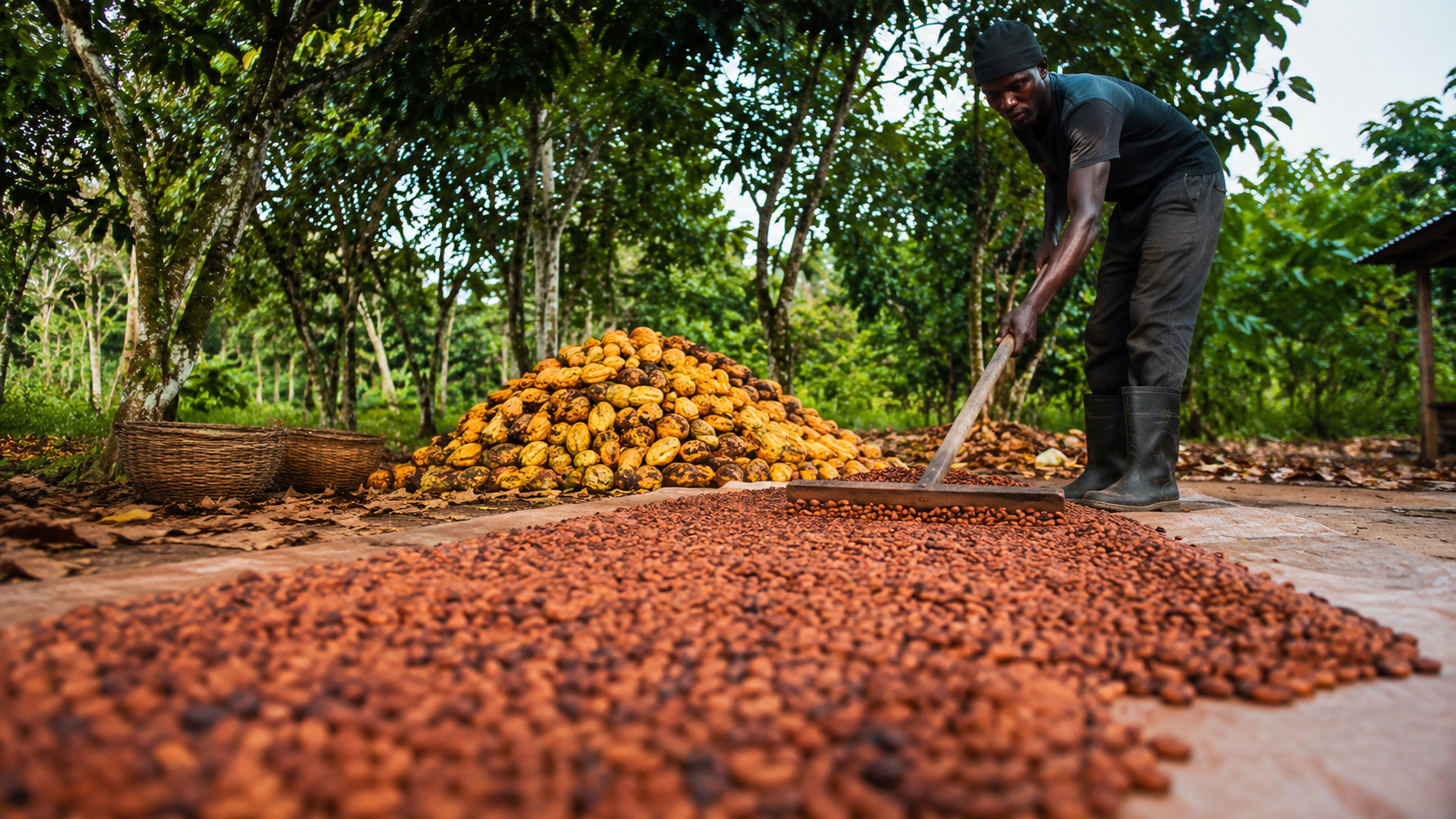 Trabalhador rural organiza grãos de cacau em área de secagem em plantação tropical, destacando a produção de cacau e os desafios de rastreabilidade na Costa do Marfim.