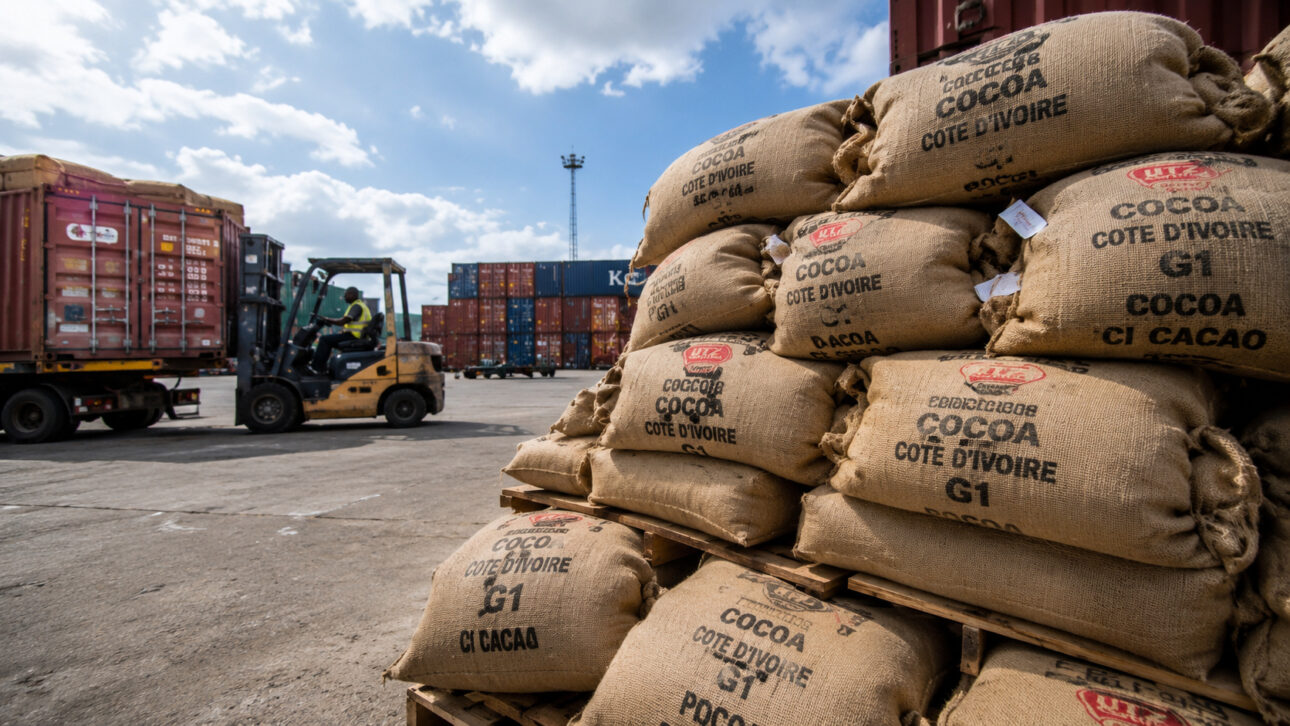 Sacas de cacau da Costa do Marfim empilhadas em área portuária de exportação, com caminhão de carga e contêineres ao fundo, representando o comércio internacional da commodity e as exigências de rastreabilidade ambiental.