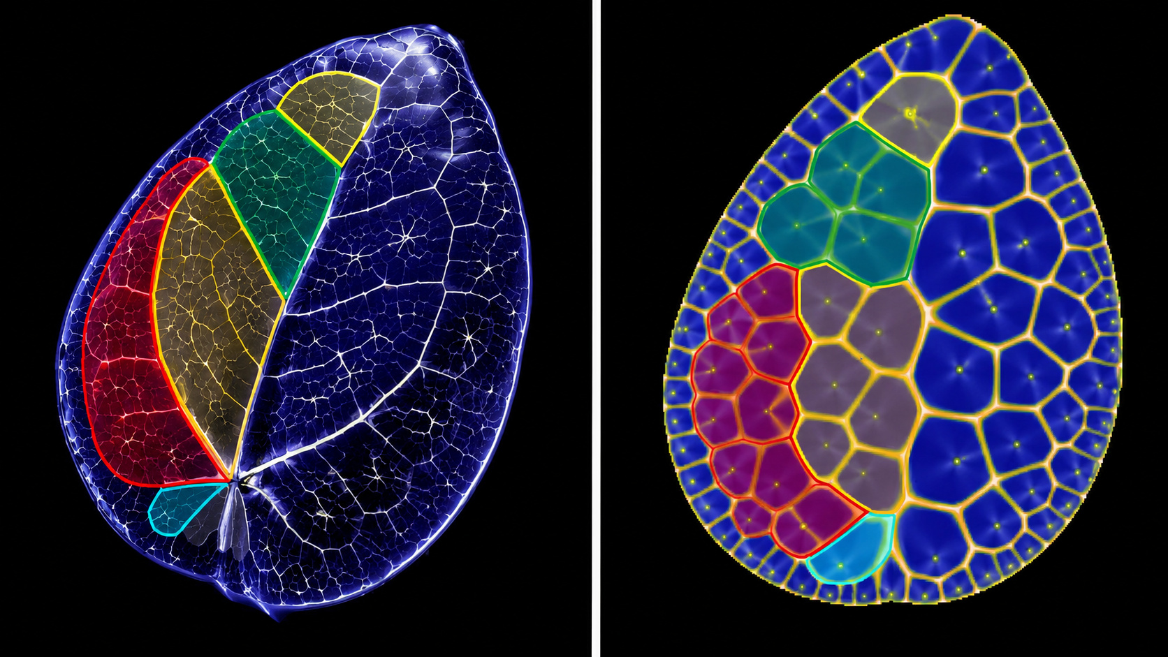 Representação científica de uma folha da planta chinesa do dinheiro exibindo veias internas organizadas em padrão geométrico semelhante ao diagrama de Voronoi, comparado a uma reconstrução matemática colorida.