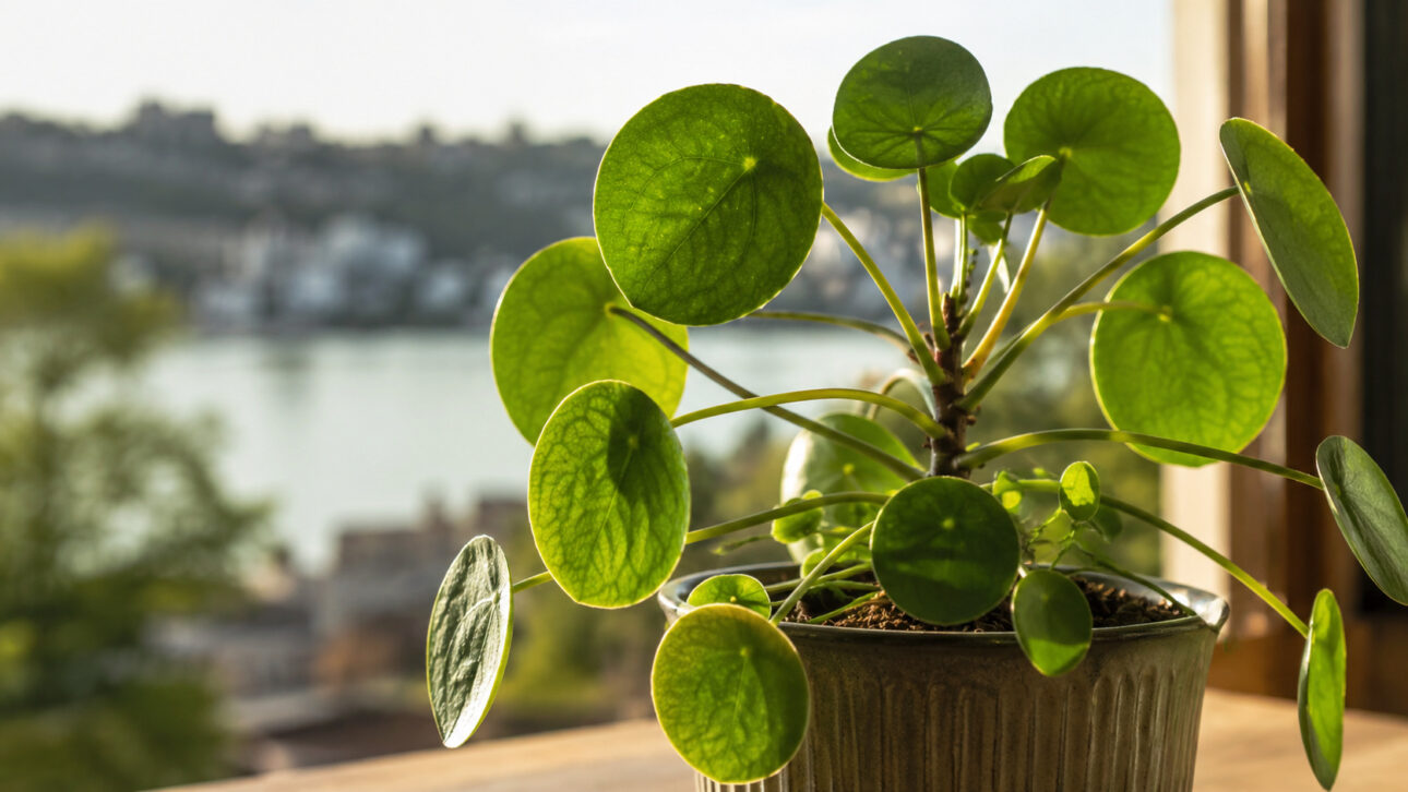 Pilea peperomioides em vaso próxima a uma janela, com folhas arredondadas iluminadas pelo sol e veias visíveis, relacionada ao estudo que identificou um padrão geométrico natural usado em urbanismo, logística e computação.