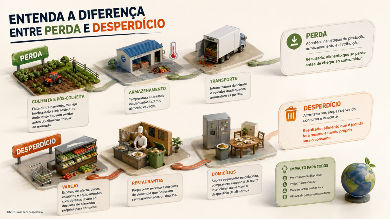 Infographic illustrated compares food loss and waste in stages such as harvest, storage, transport, retail, restaurants, and homes, highlighting the main causes of food disposal.