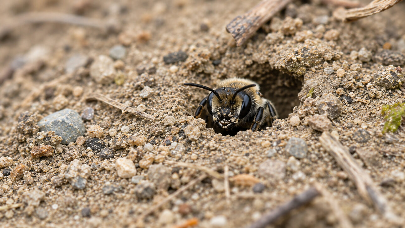 Wild bee emerging from an underground nest in sandy soil, illustrating the behavior of bees that make underground galleries and were found in large numbers in a New York cemetery.